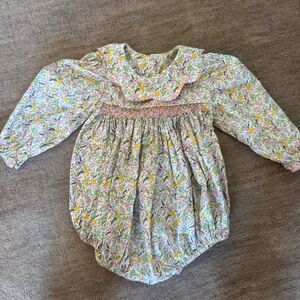 Sweet little smocked toddler bubble with scalloped collar